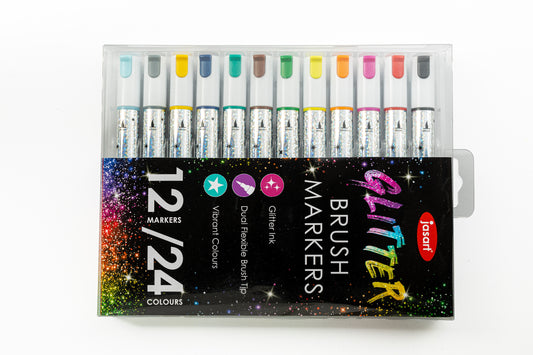 Jasart Glitter Brush Marker Set 12 - Dual Tip, 24 Glitter Colours
