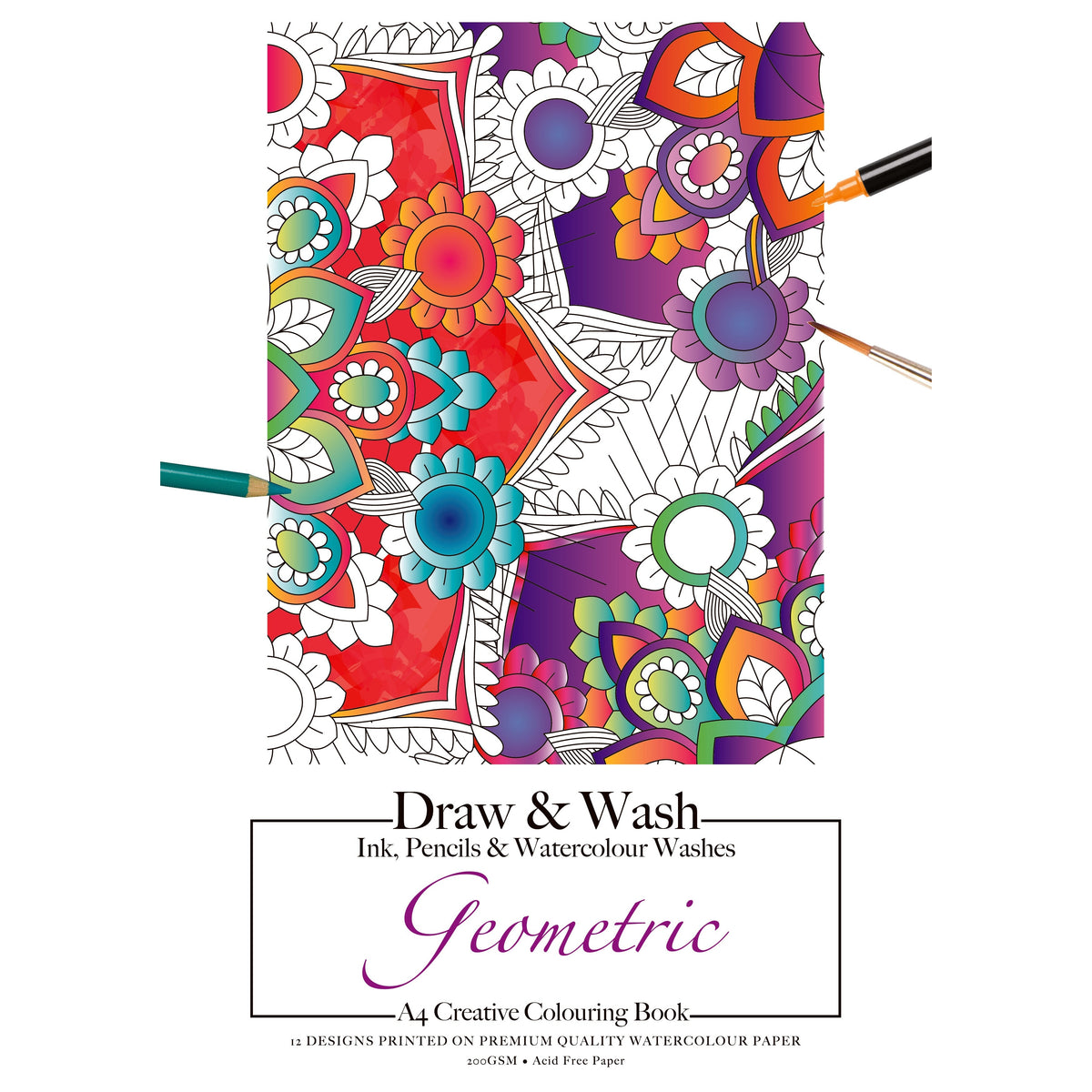 Jasart Adult Draw & Wash Watercolour Colouring Book A4 12 Sheets - Geometric image 1