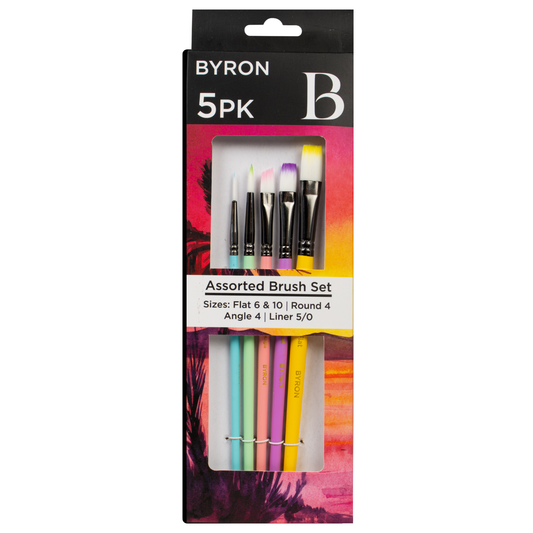 Byron Pastel Paint Brush Set 5pc #2 - Flat 6, 10, Round 4, Angle 4, Liner 5/0 (front)