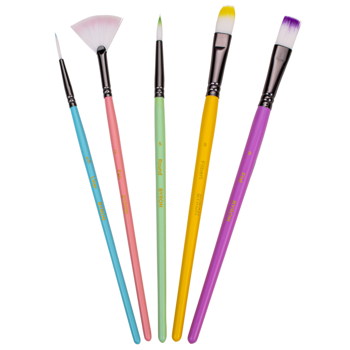 Byron Pastel Paint Brush Set 5pc #3 - Flat 8, Round 5, Filbert 8, Fan 2, Liner 5/0 (alt-1)