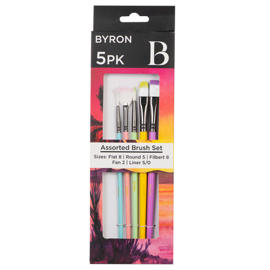 Byron Pastel Paint Brush Set 5pc #3 - Flat 8, Round 5, Filbert 8, Fan 2, Liner 5/0 (front)