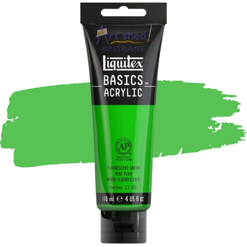 Photo of Liquitex BASICS Acrylic 118ml in colour Fluoro Green, sold by Art Shed Brisbane.