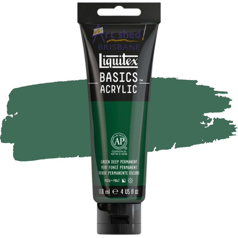 Photo of Liquitex BASICS Acrylic 118ml in colour Green Deep Permanent, sold by Art Shed Brisbane.