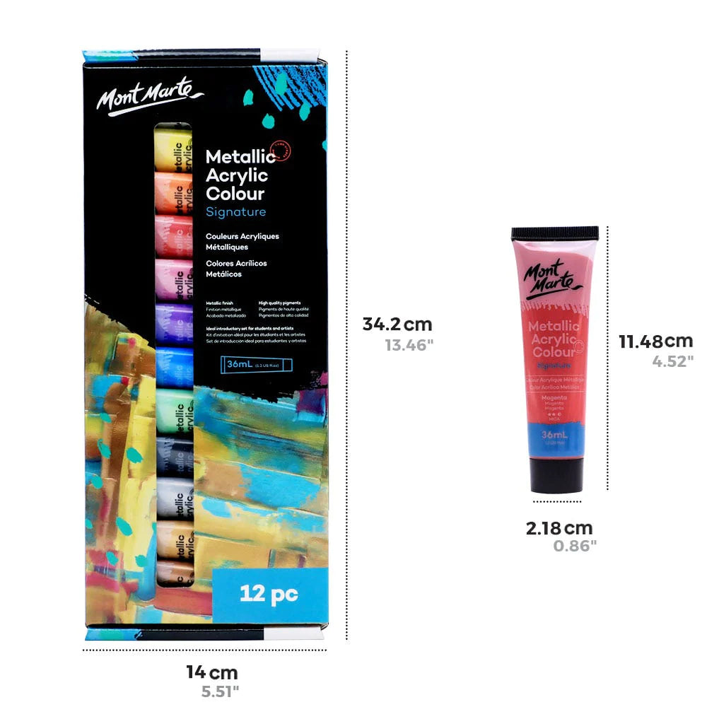 Mont Marte Metallic Acrylic Colour Paint Set 12pc x 36ml