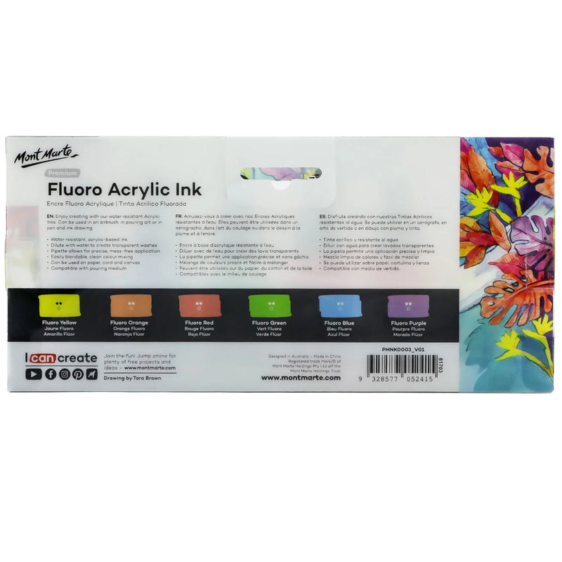 Mont Marte Fluoro Acrylic Ink 6pc x 20ml