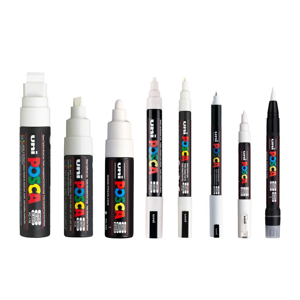 POSCA Mixed Marker Pack - 7 Paint Markers In Various Sizes - Brush, 1MR,  1M, 3M, 5M, 8K, 17K (Black) 