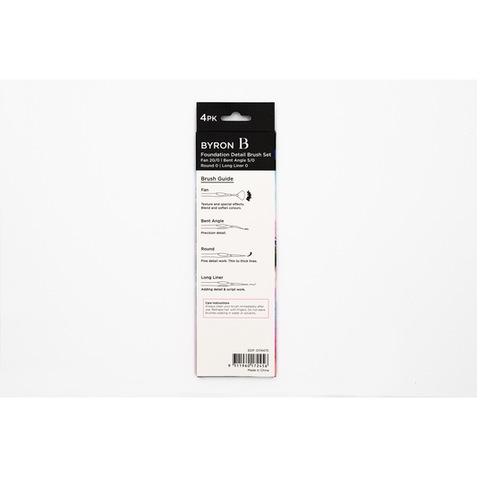 Byron Pastel Detail Brush Set 4pc - Foundation: Fan 20/0, Bent Angle 5/0, Round 0, Long Liner 0
