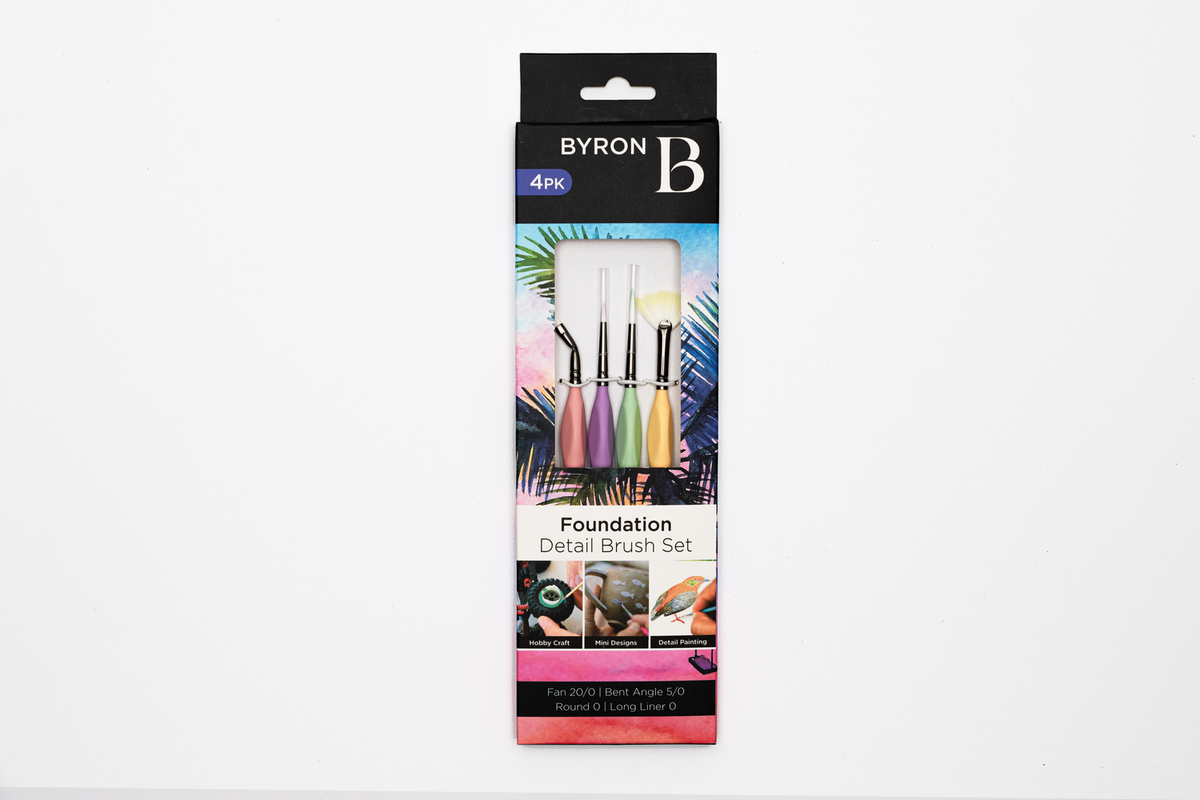 Byron Pastel Detail Brush Set 4pc - Foundation: Fan 20/0, Bent Angle 5/0, Round 0, Long Liner 0