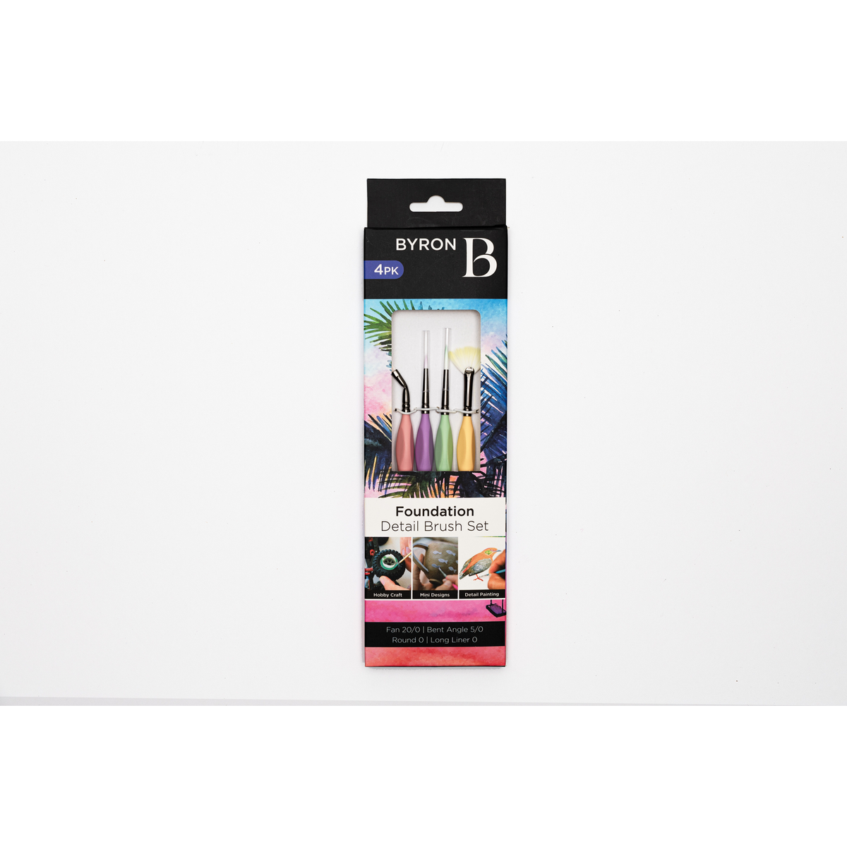 Byron Pastel Detail Brush Set 4pc - Foundation: Fan 20/0, Bent Angle 5/0, Round 0, Long Liner 0