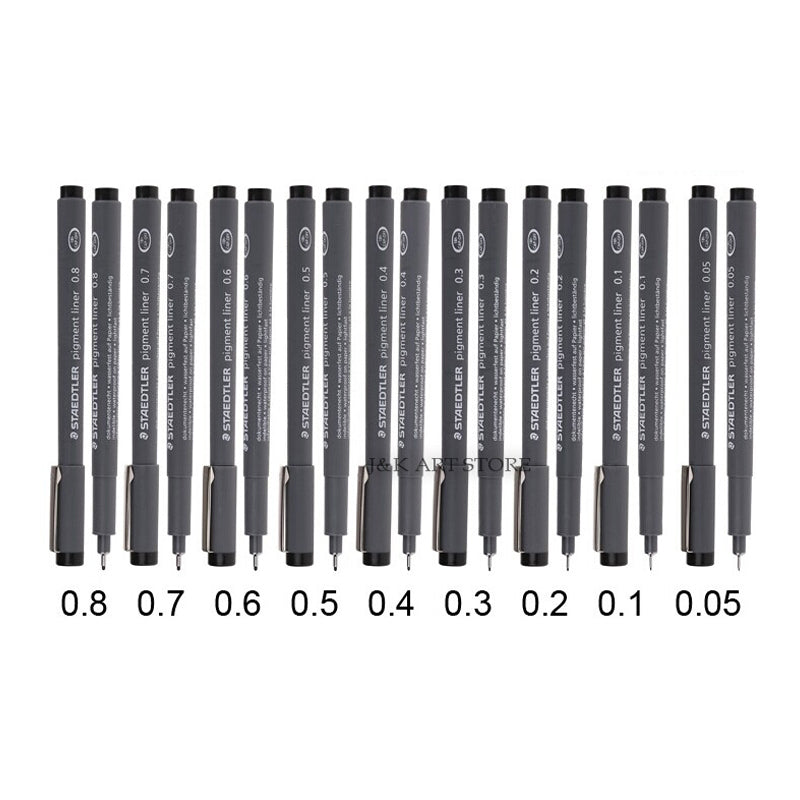 STAEDTLER 308 Pigment Liner Fineliner Pen - 0.05mm, 0.1mm, 0.2mm, 0.3mm,  0.5mm & 0.8mm Nibs - Black Ink - Pack of 6