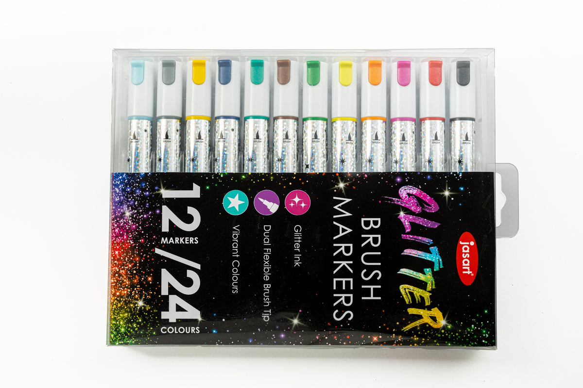 Jasart Glitter Brush Marker Set 12 - Dual Tip, 24 Glitter Colours