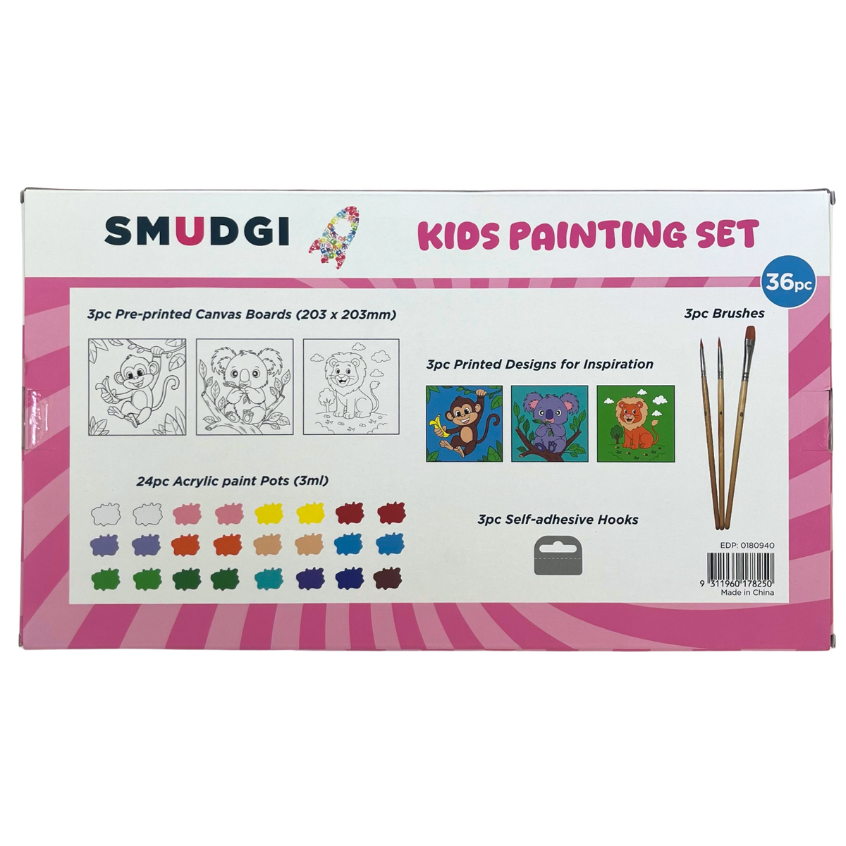 Smudgi Kids Painting Board Set 8 x 8 Inch 36pc - Animals