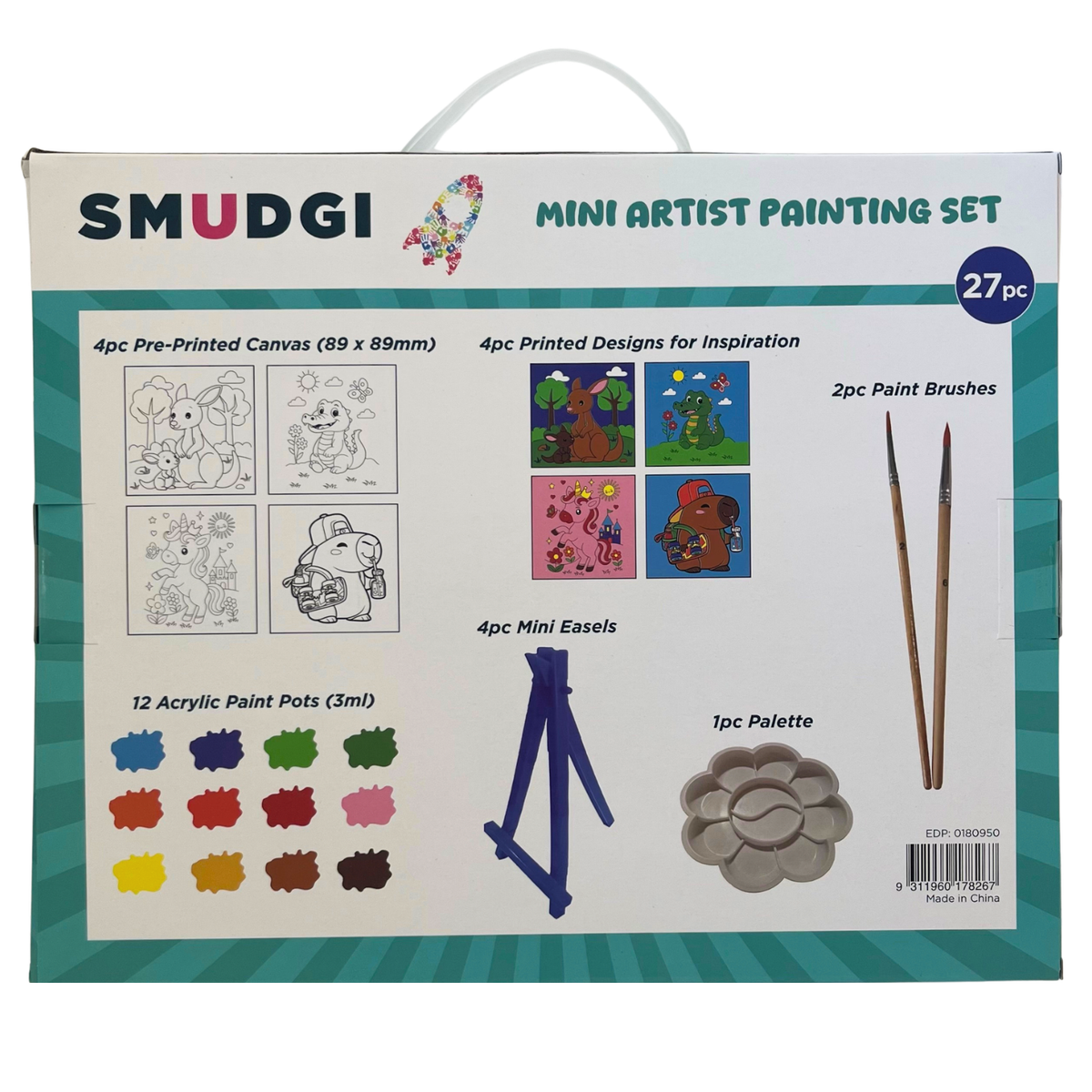 Smudgi Kids Painting Canvas Set 3.5 x 3.5 Inch 27pc - Mini Canvases with Easels