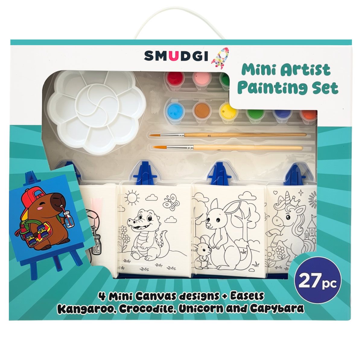 Smudgi Kids Painting Canvas Set 3.5 x 3.5 Inch 27pc - Mini Canvases with Easels
