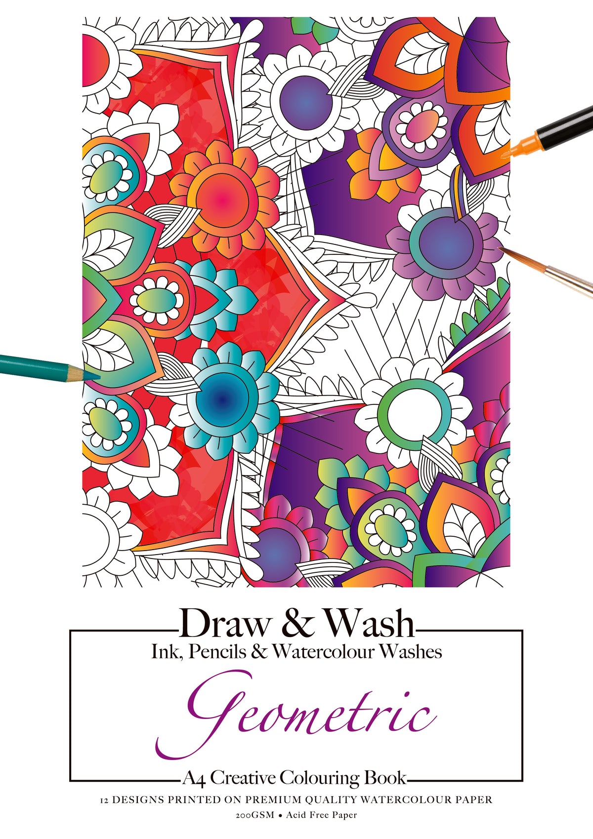Jasart Adult Draw & Wash Watercolour Colouring Book A4 12 Sheets - Geometric