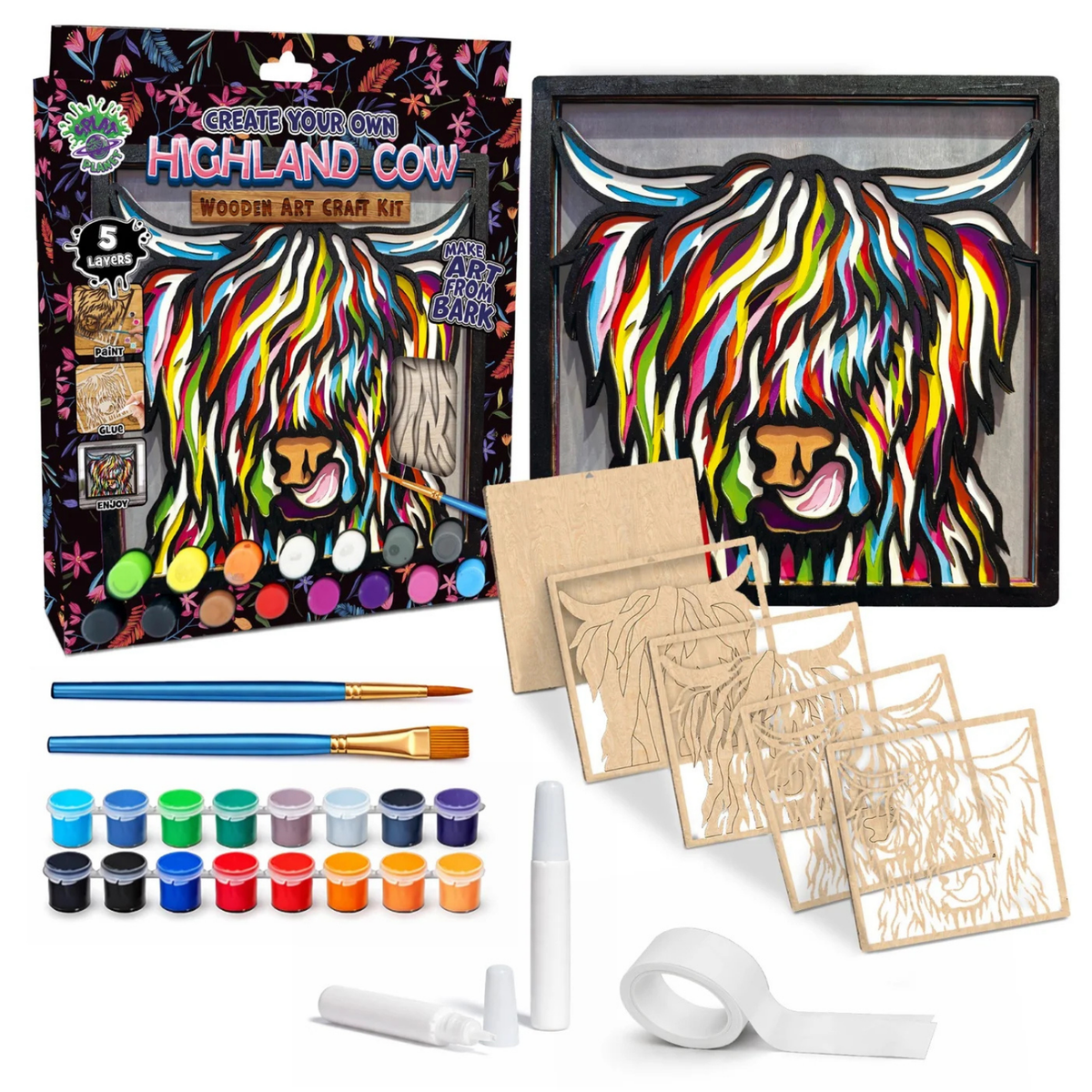 Splat Planet Wooden Art Craft Kit 25 x 25cm - Highland Cow