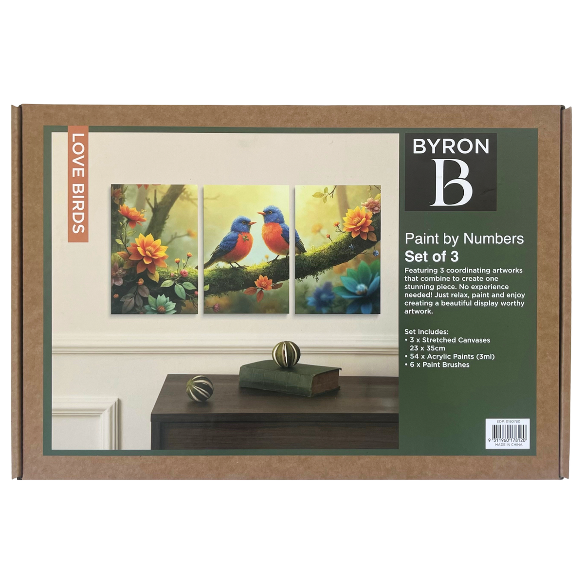 Byron Paint By Numbers 3 Piece Triptych Set 23 x 35cm 59pc - Love Birds