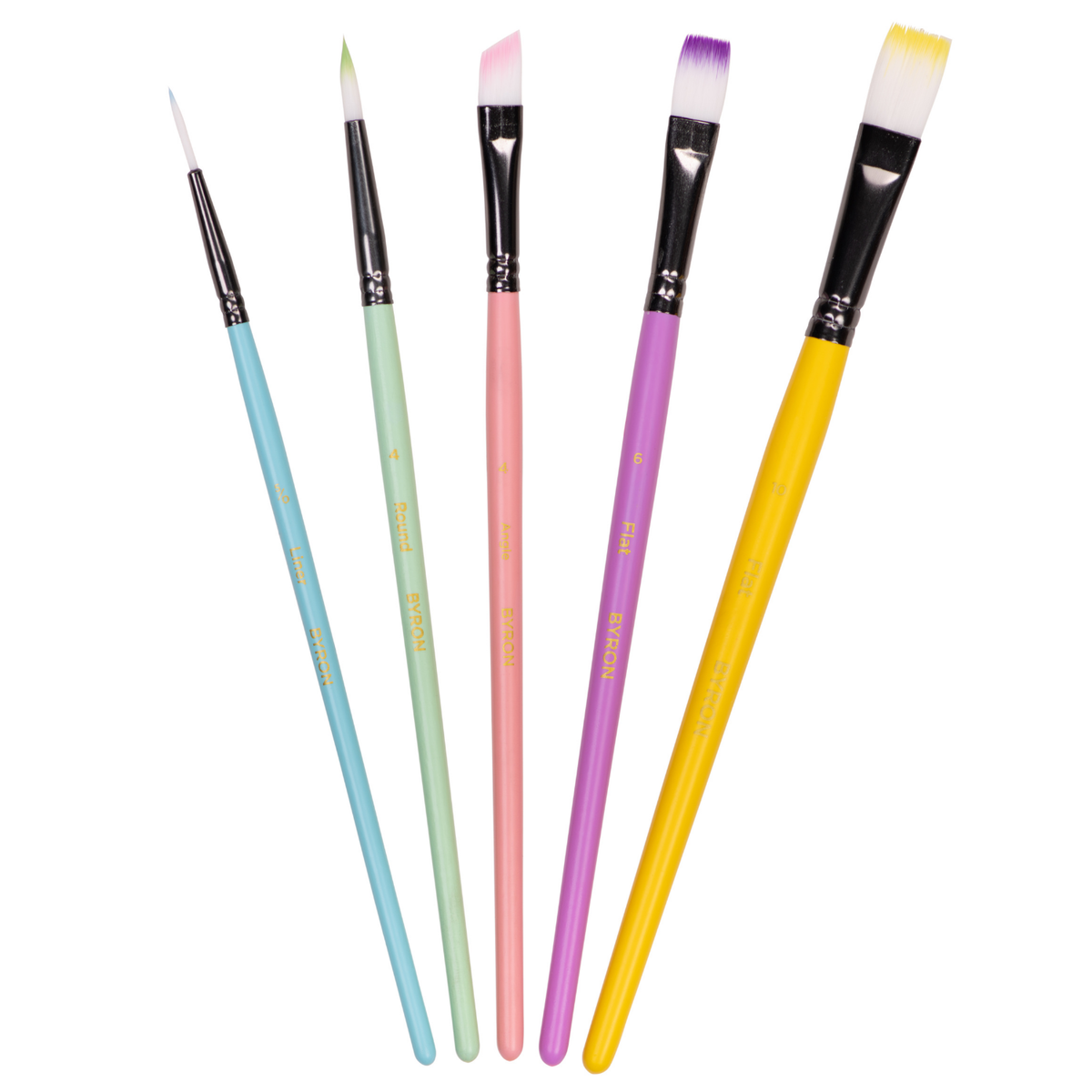 Byron Pastel Paint Brush Set 5pc #2 - Flat 6, 10, Round 4, Angle 4, Liner 5/0 (alt-1)