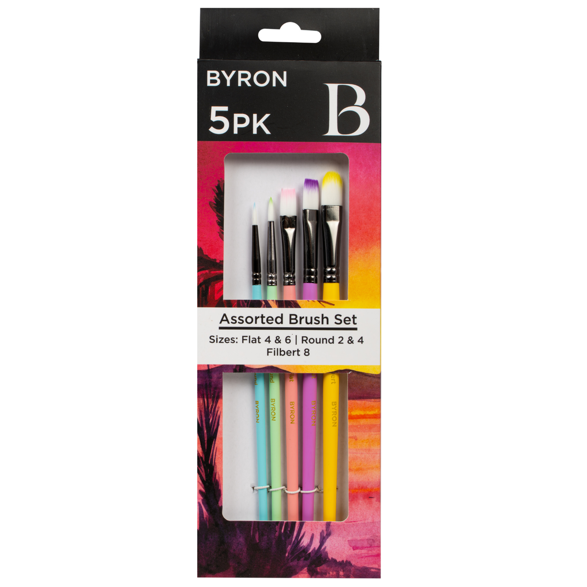 Byron Pastel Paint Brush Set 5pc #4 - Flat 4, 6, Round 2, 4 and Filbert 8 (front)