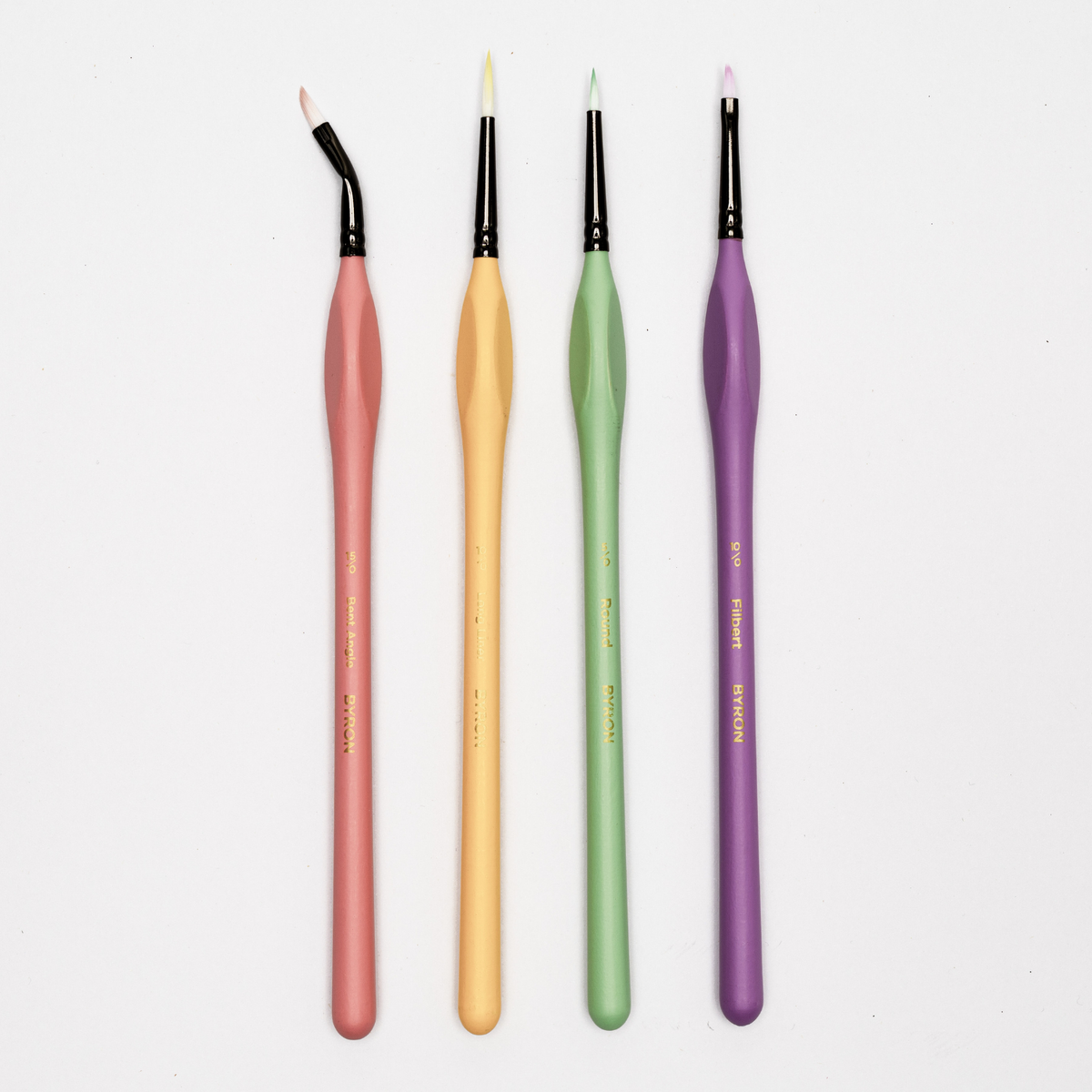 Byron Pastel Detail Brush Set 4pc - Precision: Bent Angle 15/0, Filbert 10/0, Long Liner 10/0, Round 5/0