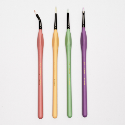 Byron Pastel Detail Brush Set 4pc - Precision: Bent Angle 15/0, Filbert 10/0, Long Liner 10/0, Round 5/0