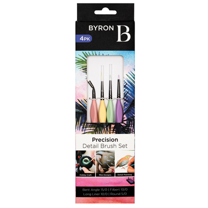 Byron Pastel Detail Brush Set 4pc - Precision: Bent Angle 15/0, Filbert 10/0, Long Liner 10/0, Round 5/0