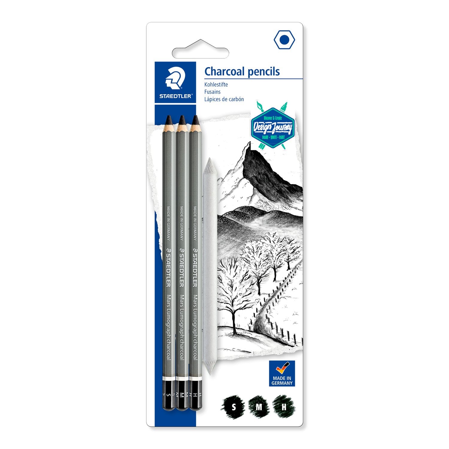 Staedtler Charcoal Pencils Set of 3 w/paper stump Default Title