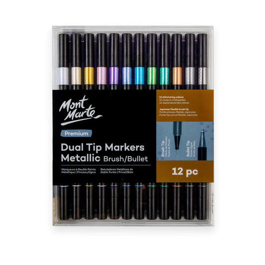 Mont Marte Dual Tip Markers Brush/Bullet Metallic 12pc Default Title