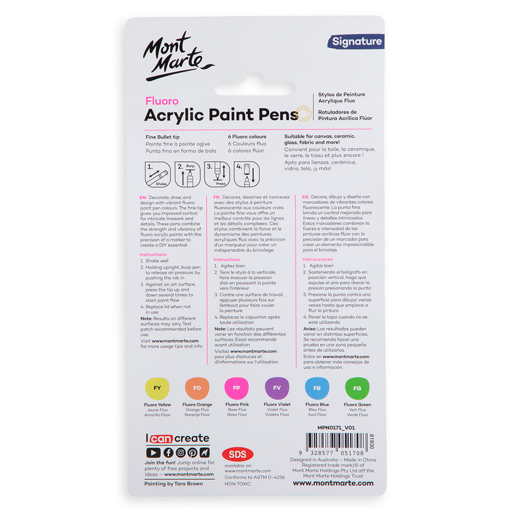 Mont Marte Fluoro Acrylic Paint Pens Fine Tip 6pc