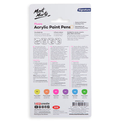 Mont Marte Fluoro Acrylic Paint Pens Fine Tip 6pc