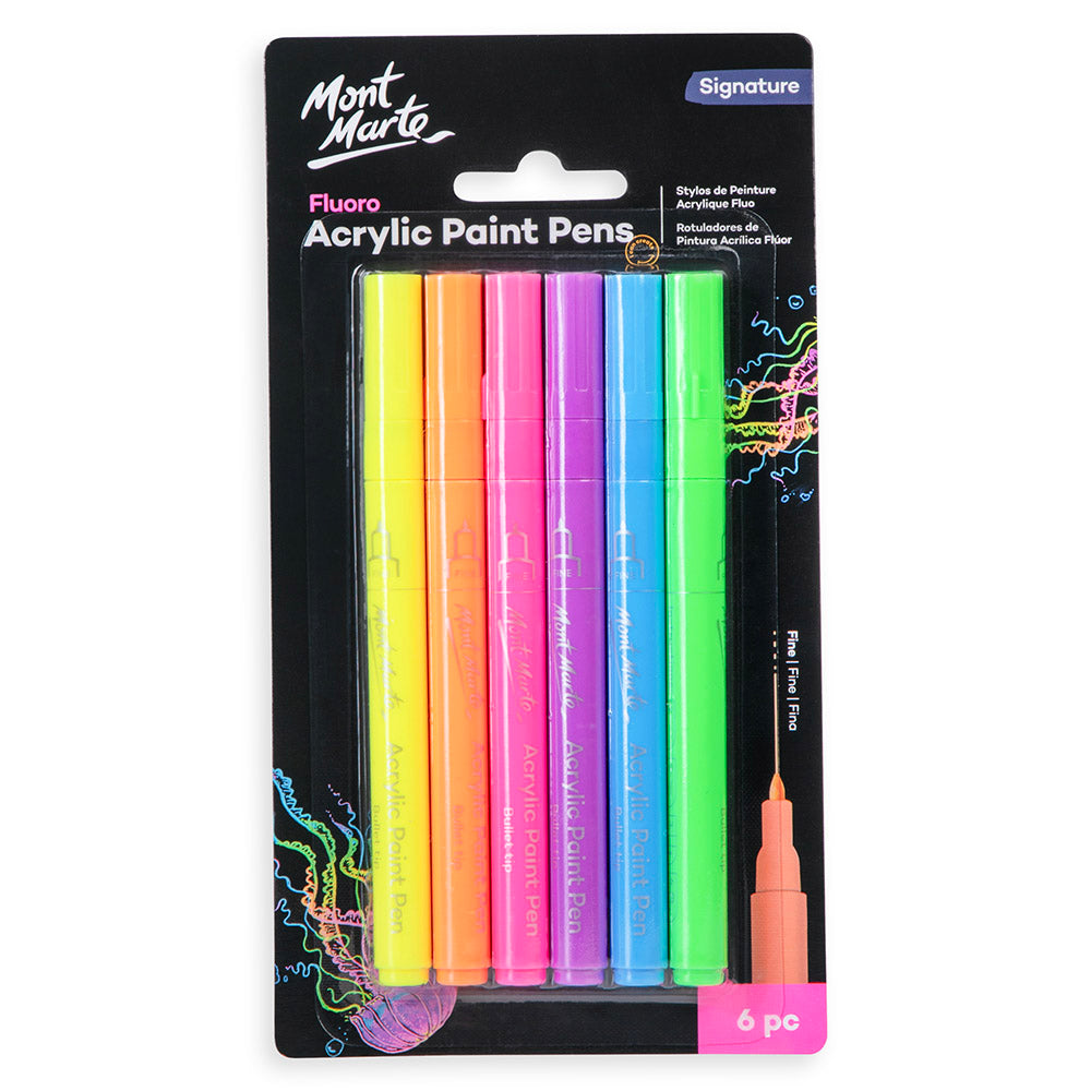 Mont Marte Fluoro Acrylic Paint Pens Fine Tip 6pc Default Title