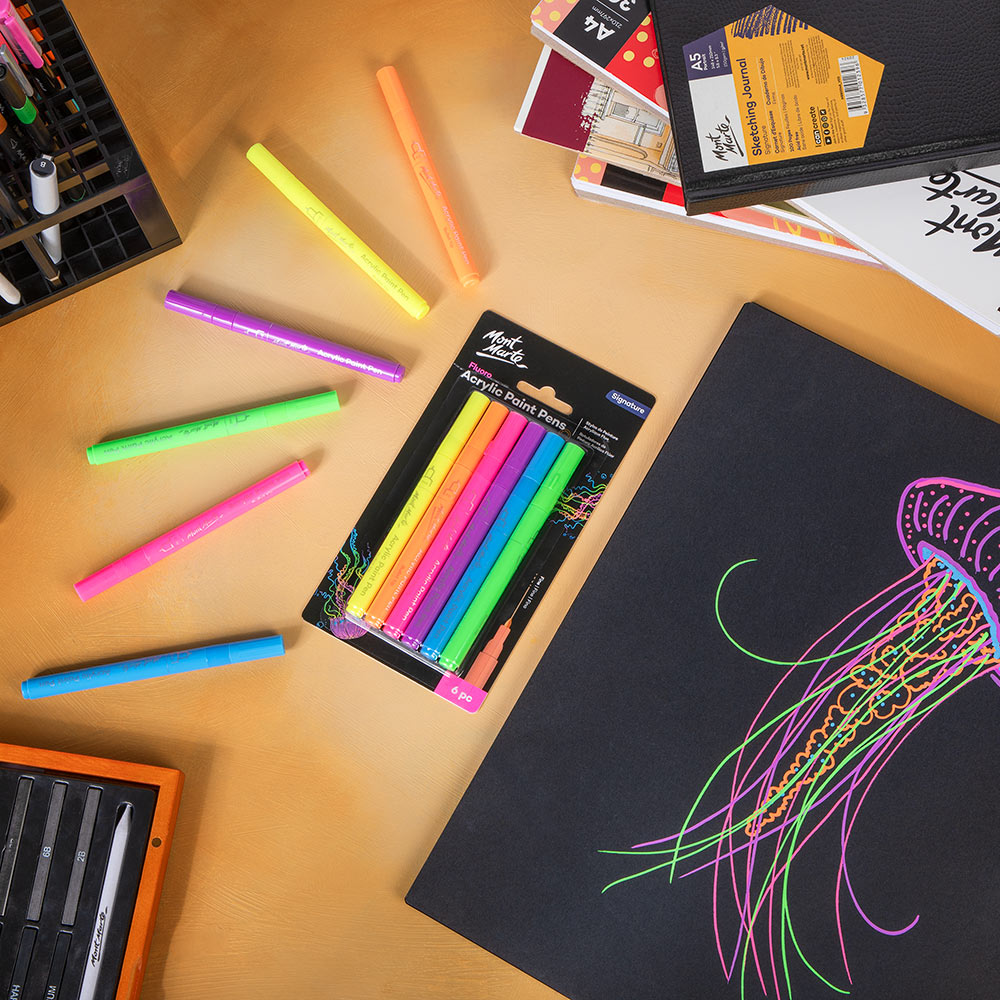 Mont Marte Fluoro Acrylic Paint Pens Fine Tip 6pc