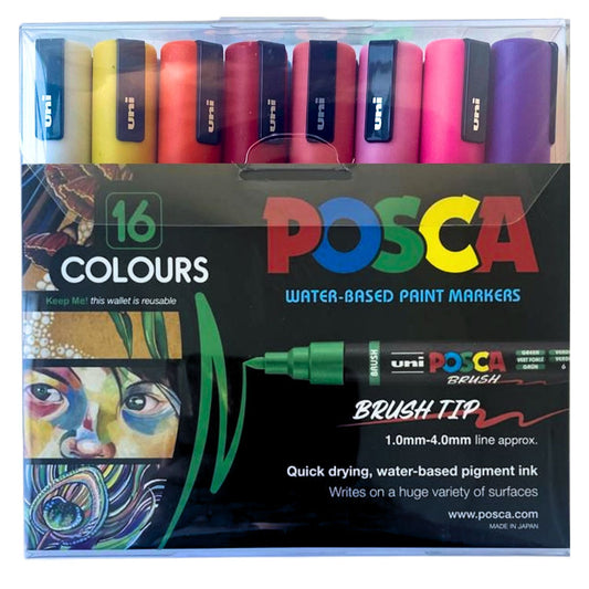POSCA 5BR BRUSH TIP Paint Markers Pack of 16 - Assorted
