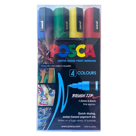 POSCA 5BR BRUSH TIP Paint Markers Pack of 4 - Assorted