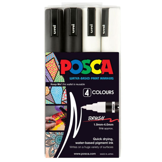 POSCA 5BR BRUSH TIP Paint Markers Pack of 4 - Black/White