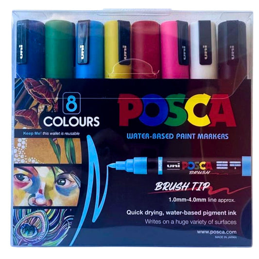 POSCA 5BR BRUSH TIP Paint Markers Pack of 8 - Assorted