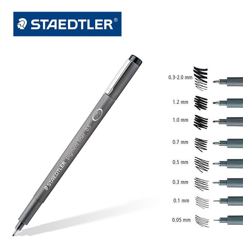 STAEDTLER 308 Pigment Liner Fineliner Pen - 0.05mm, 0.1mm, 0.2mm, 0.3mm,  0.5mm & 0.8mm Nibs - Black Ink - Pack of 6