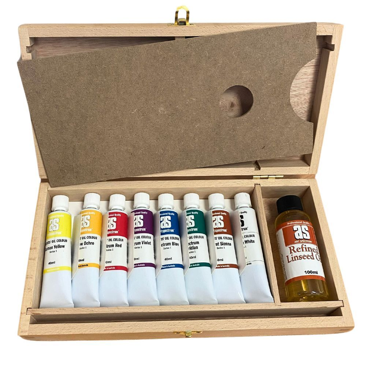 Art Spectrum Wooden Box Set - 8 x 40ml Oil Paint Tubes & 100ml Refined Linseed Oil