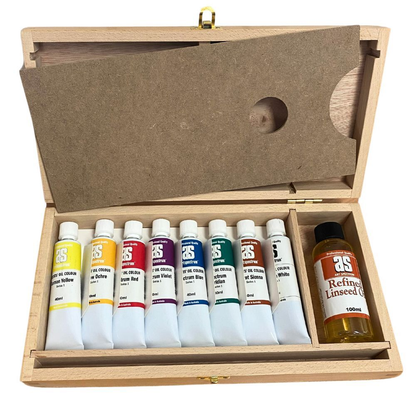 Art Spectrum Wooden Box Set - 8 x 40ml Oil Paint Tubes & 100ml Refined Linseed Oil
