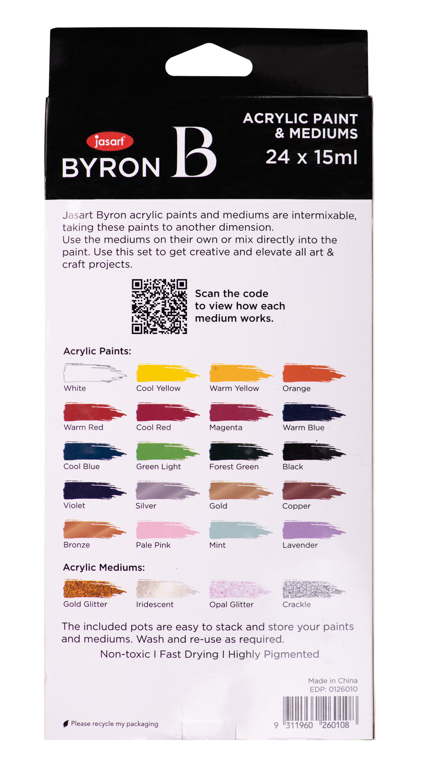 Byron Acrylic Paint & Mediums Pot Set 24pc - 20 x 15ml Paints + 4 Mediums Default Title