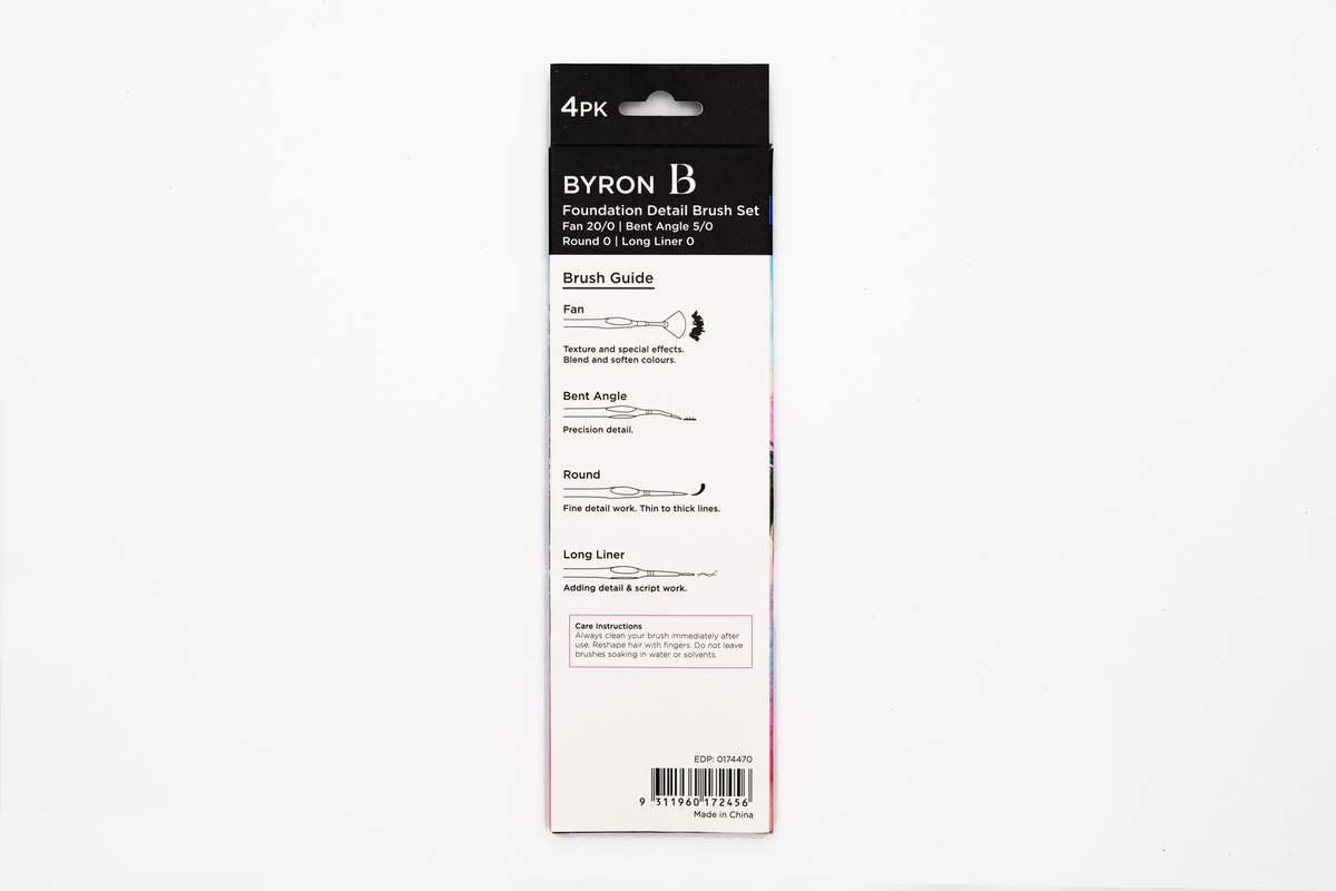 Byron Pastel Detail Brush Set 4pc - Foundation: Fan 20/0, Bent Angle 5/0, Round 0, Long Liner 0