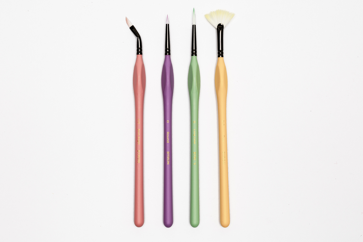 Byron Pastel Detail Brush Set 4pc - Foundation: Fan 20/0, Bent Angle 5/0, Round 0, Long Liner 0