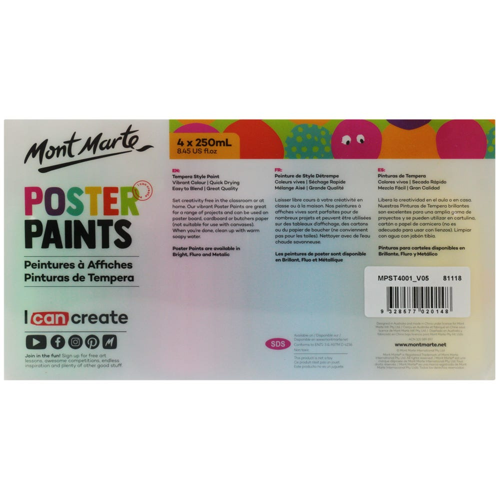 Mont Marte Kids Poster Paint 250ml 4pce - Bright image 3