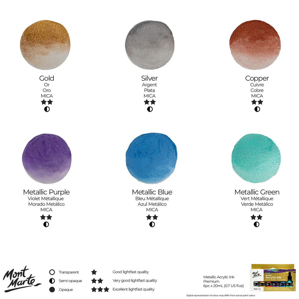 Mont Marte Metallic Acrylic Ink 6pc x 20ml