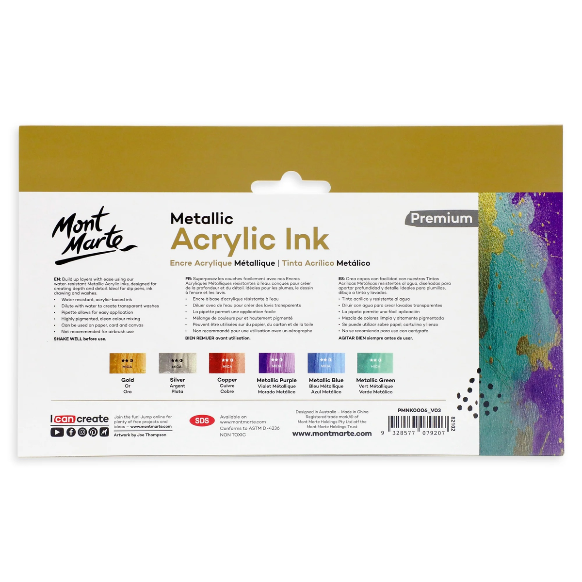 Mont Marte Metallic Acrylic Ink 6pc x 20ml