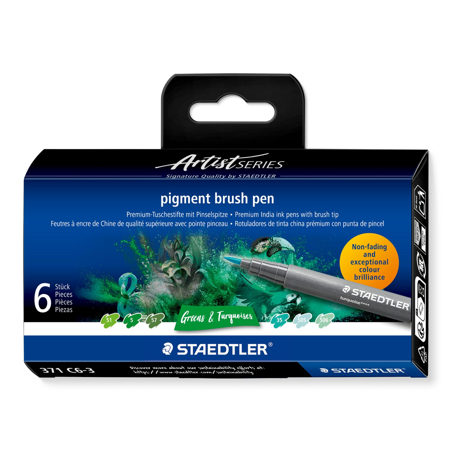 Staedtler Pigment Arts Brush Pen 371 - Greens and Turquoises 6 pcs