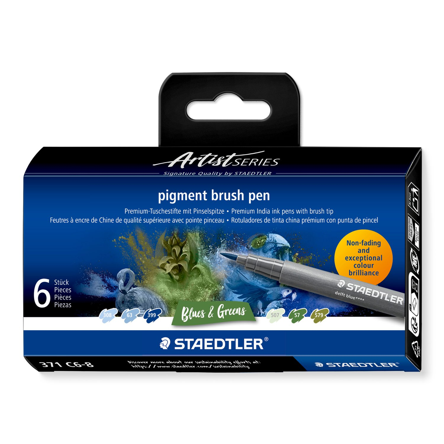 Staedtler Pigment Arts Brush Pen 371 - Blues and Greens 6 pcs