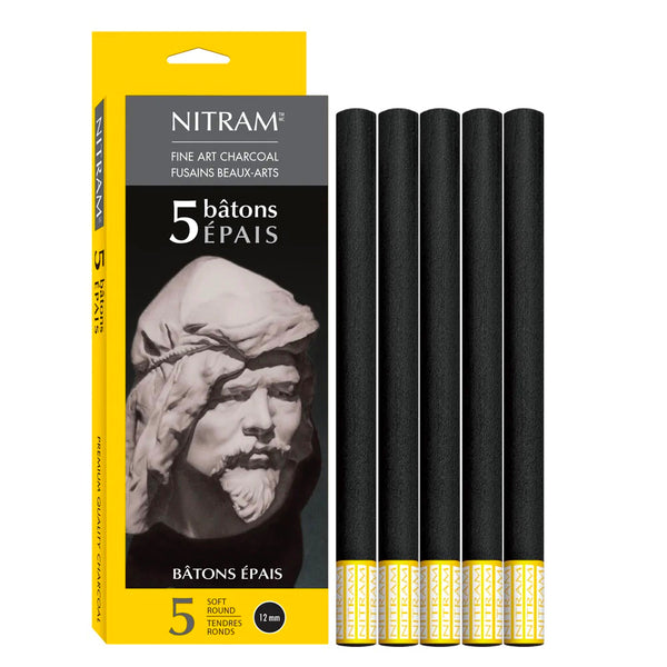 Nitram Fine Charcoal Baton Epais 5 x Soft Round 12mm
