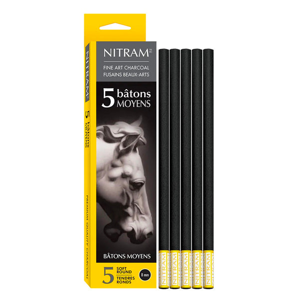 Nitram Fine Charcoal Baton Moyens 5 x Soft Round 8mm
