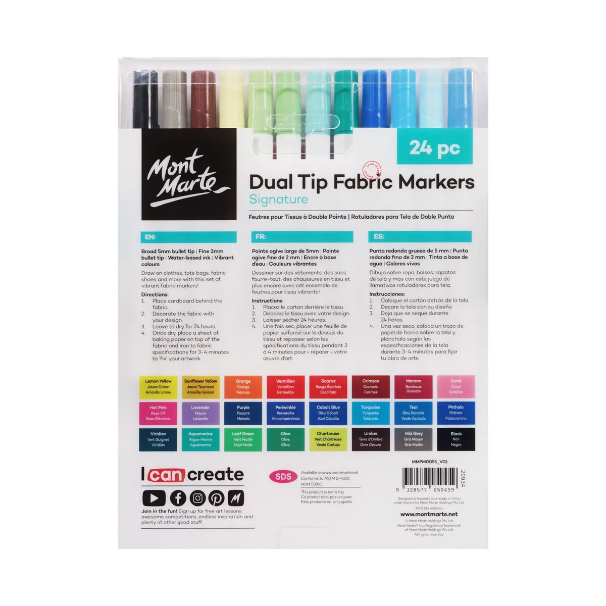 Mont Marte Dual Tip Fabric Markers 24pc